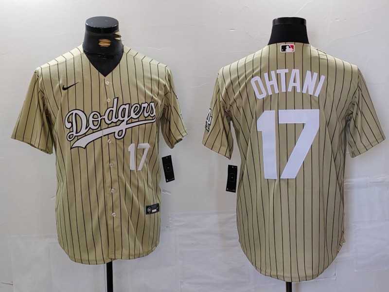 Mens Los Angeles Dodgers #17 Shohei Ohtani Number Cream Pinstripe Cool Base Stitched Jersey